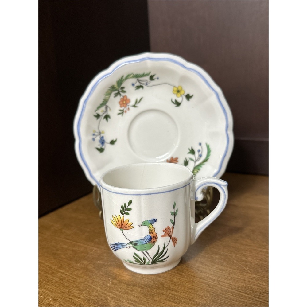 Faiencerie De Gien Demitasse Cup & Saucer Oiseau De Paradis Bird Of Paradise